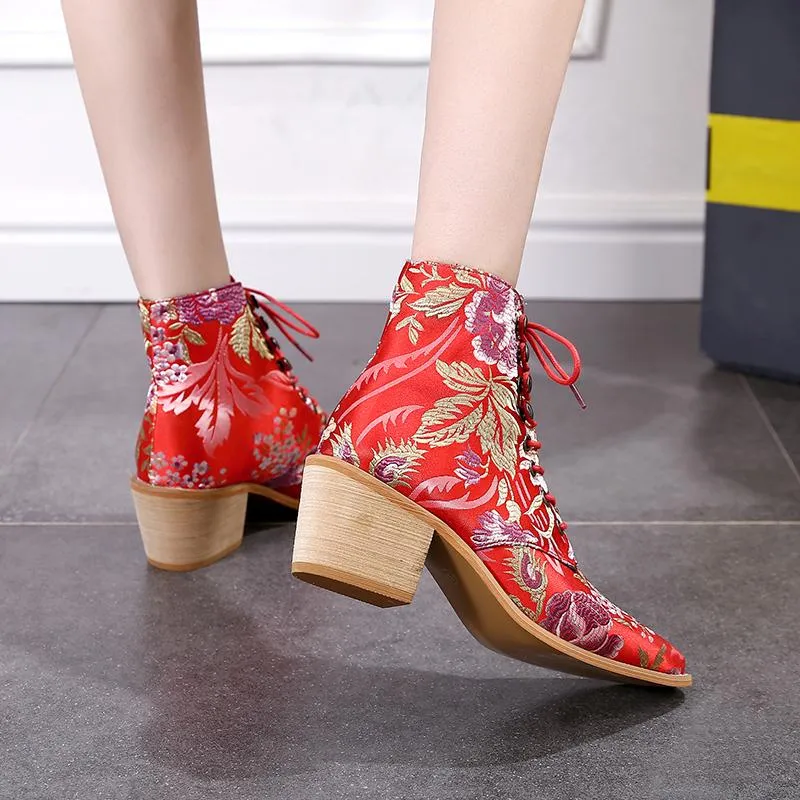 Women Embroidery Chunky Lace Up Heeled Boots
