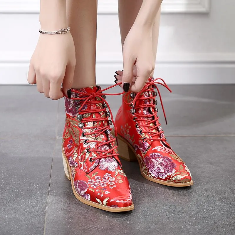 Women Embroidery Chunky Lace Up Heeled Boots