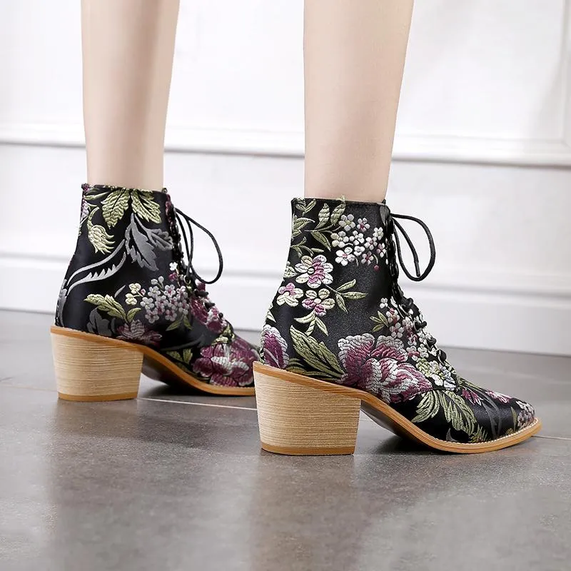 Women Embroidery Chunky Lace Up Heeled Boots