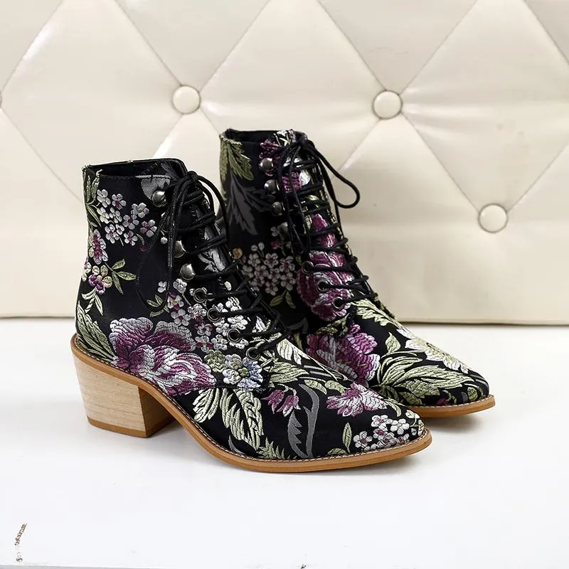 Women Embroidery Chunky Lace Up Heeled Boots
