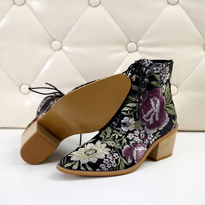 Women Embroidery Chunky Lace Up Heeled Boots