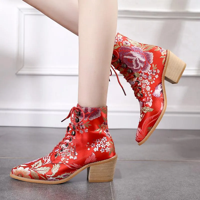 Women Embroidery Chunky Lace Up Heeled Boots
