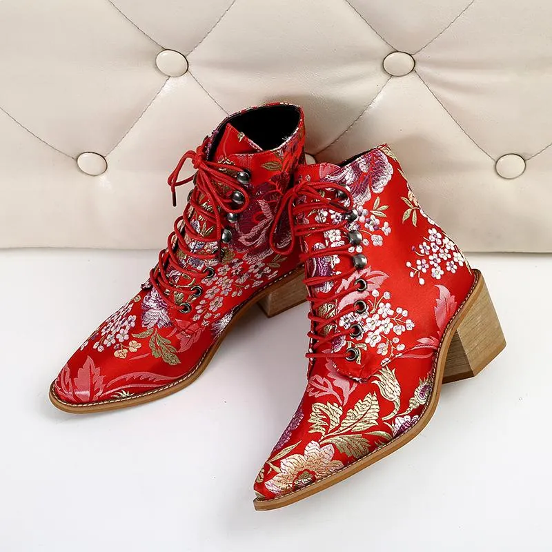 Women Embroidery Chunky Lace Up Heeled Boots