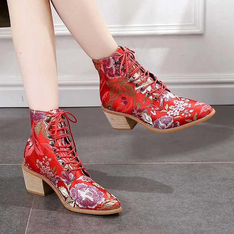 Women Embroidery Chunky Lace Up Heeled Boots