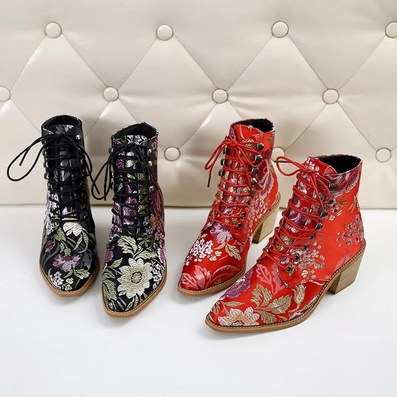 Women Embroidery Chunky Lace Up Heeled Boots