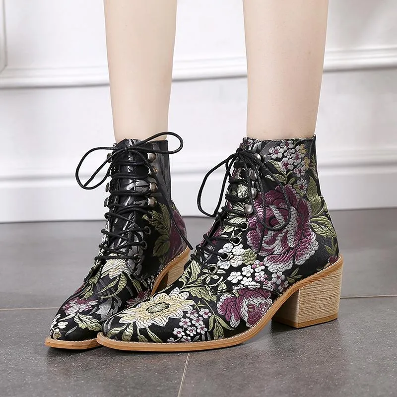 Women Embroidery Chunky Lace Up Heeled Boots