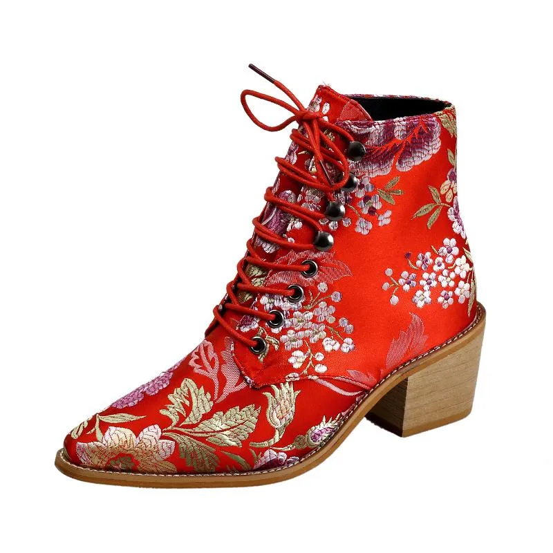 Women Embroidery Chunky Lace Up Heeled Boots