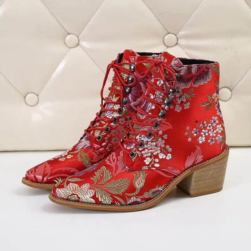 Women Embroidery Chunky Lace Up Heeled Boots