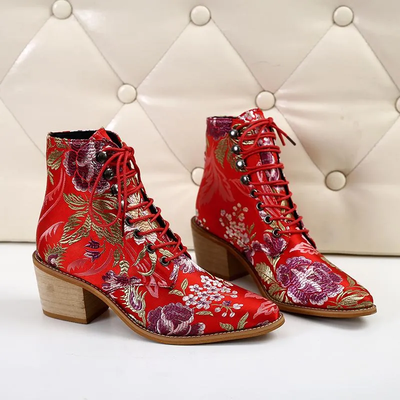 Women Embroidery Chunky Lace Up Heeled Boots