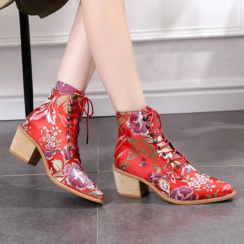 Women Embroidery Chunky Lace Up Heeled Boots