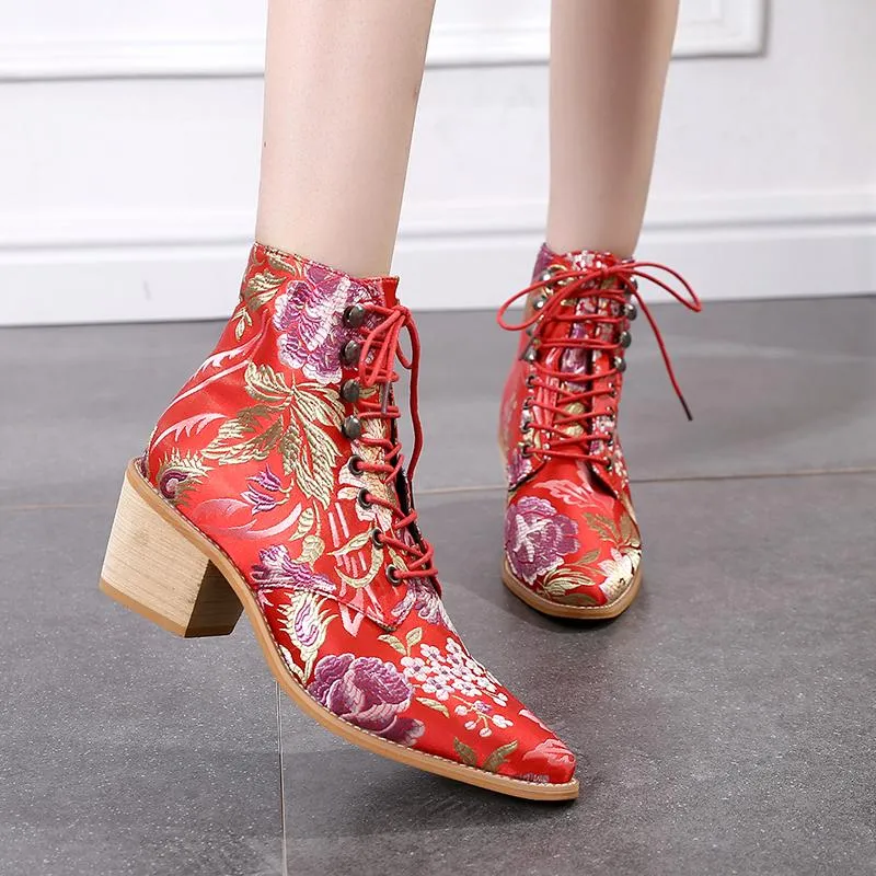 Women Embroidery Chunky Lace Up Heeled Boots
