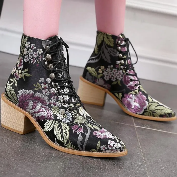 Women Embroidery Chunky Lace Up Heeled Boots