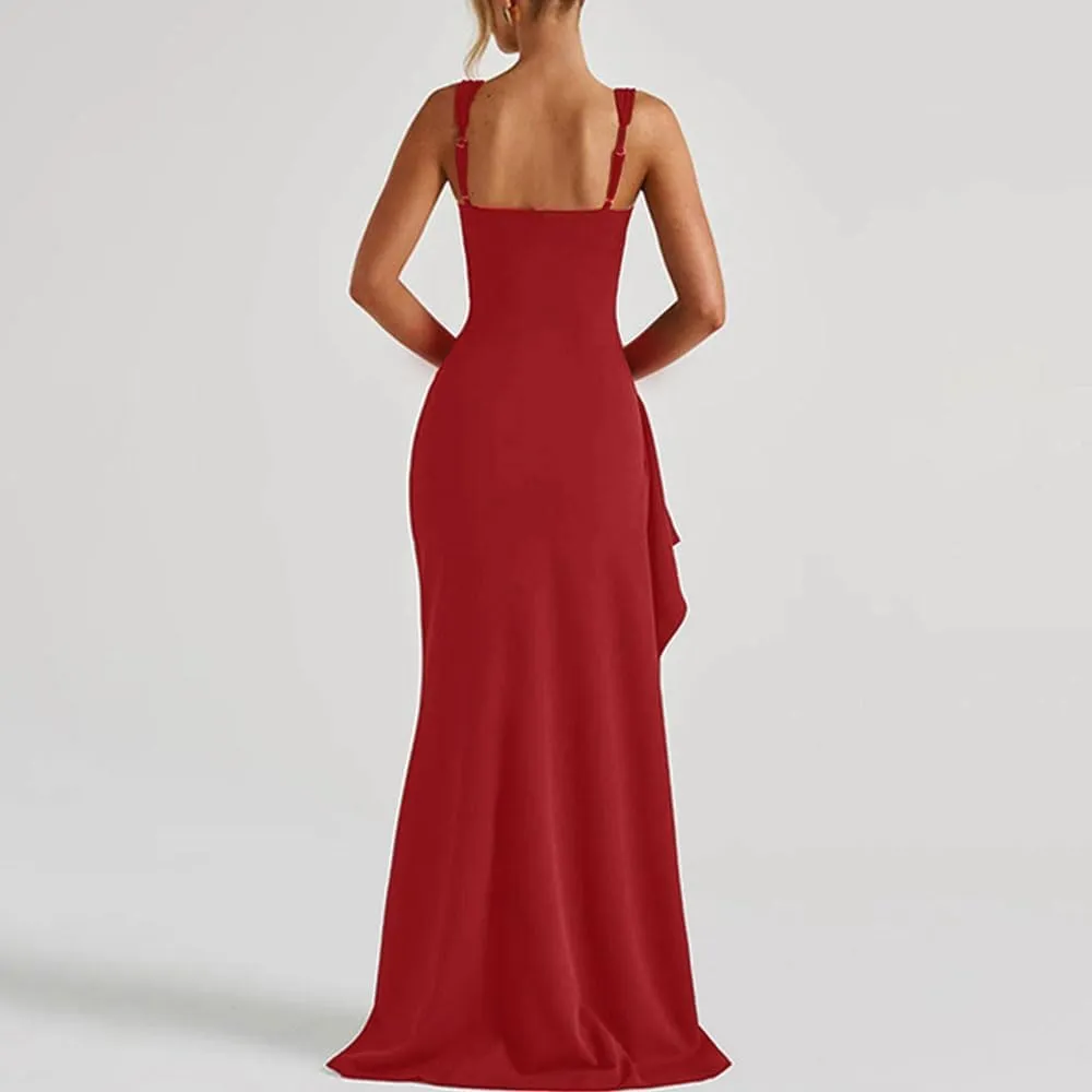 Women Formal Dresses Sleeveless Bodycon Ruched High Slit Sexy Maxi Dress Cocktail Prom