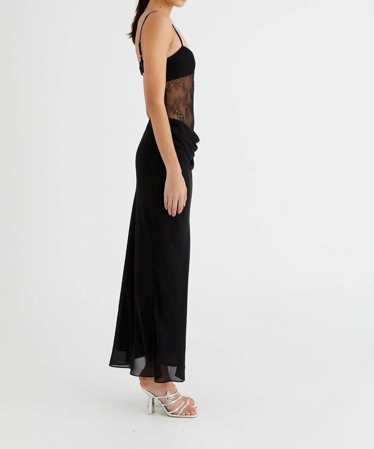 Women Lace Patchwork Maxi Dress Spaghetti Strap Bodycon Cocktail Dress Elegant Cutout Ruched Long Evening Dresses