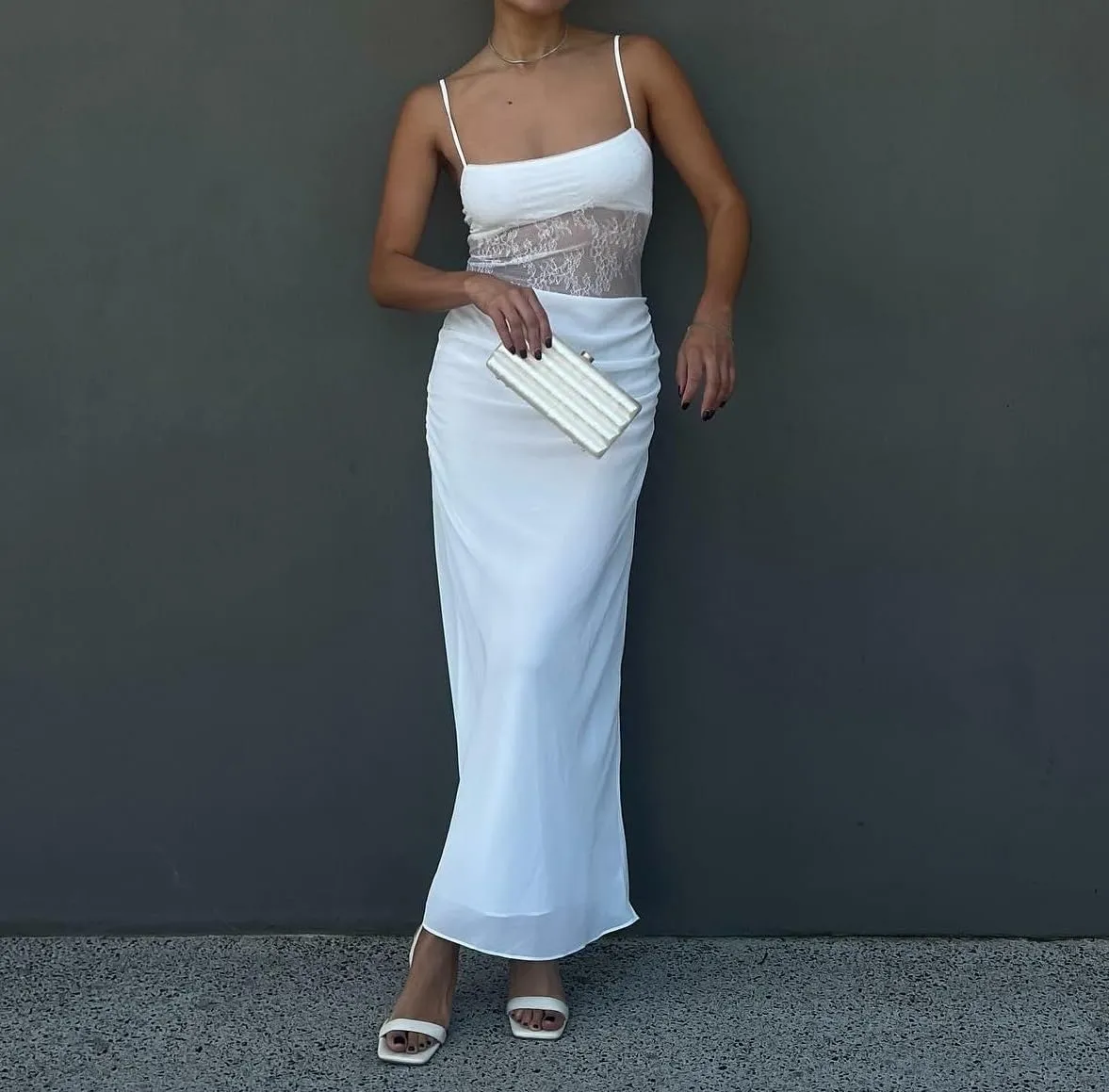 Women Lace Patchwork Maxi Dress Spaghetti Strap Bodycon Cocktail Dress Elegant Cutout Ruched Long Evening Dresses