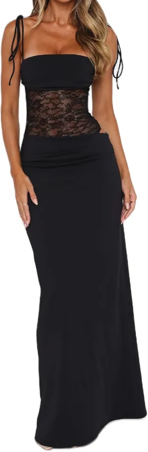 Women Lace Patchwork Maxi Dress Spaghetti Strap Bodycon Cocktail Dress Elegant Cutout Ruched Long Evening Dresses