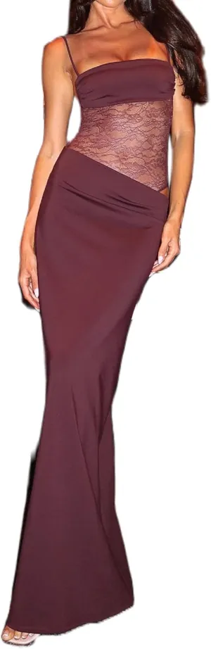 Women Lace Patchwork Maxi Dress Spaghetti Strap Bodycon Cocktail Dress Elegant Cutout Ruched Long Evening Dresses