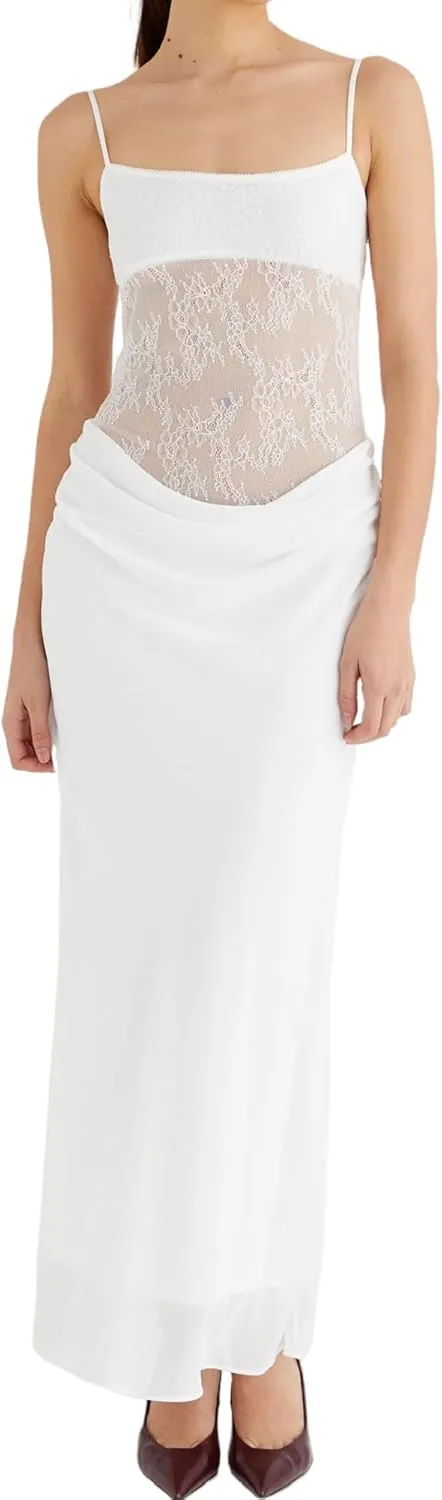 Women Lace Patchwork Maxi Dress Spaghetti Strap Bodycon Cocktail Dress Elegant Cutout Ruched Long Evening Dresses