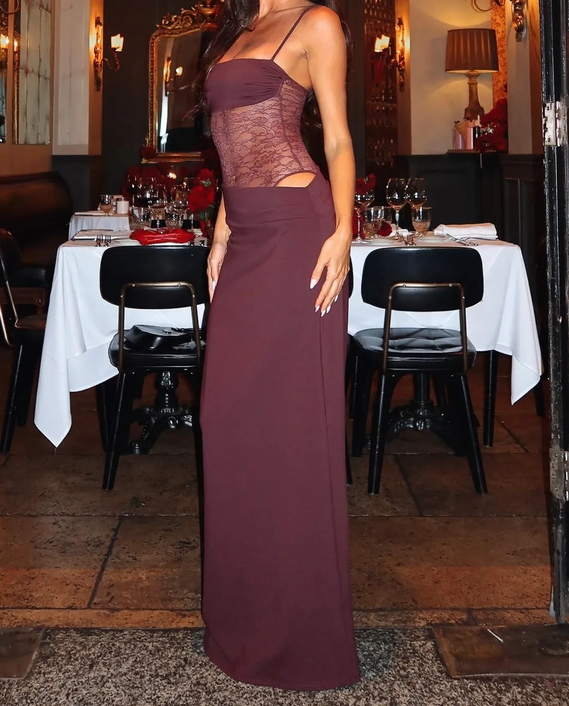 Women Lace Patchwork Maxi Dress Spaghetti Strap Bodycon Cocktail Dress Elegant Cutout Ruched Long Evening Dresses