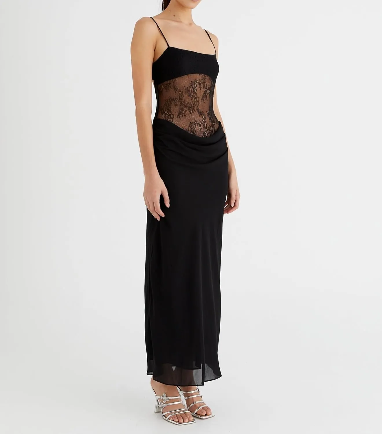 Women Lace Patchwork Maxi Dress Spaghetti Strap Bodycon Cocktail Dress Elegant Cutout Ruched Long Evening Dresses