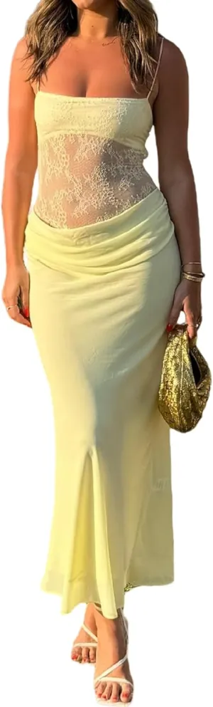 Women Lace Patchwork Maxi Dress Spaghetti Strap Bodycon Cocktail Dress Elegant Cutout Ruched Long Evening Dresses