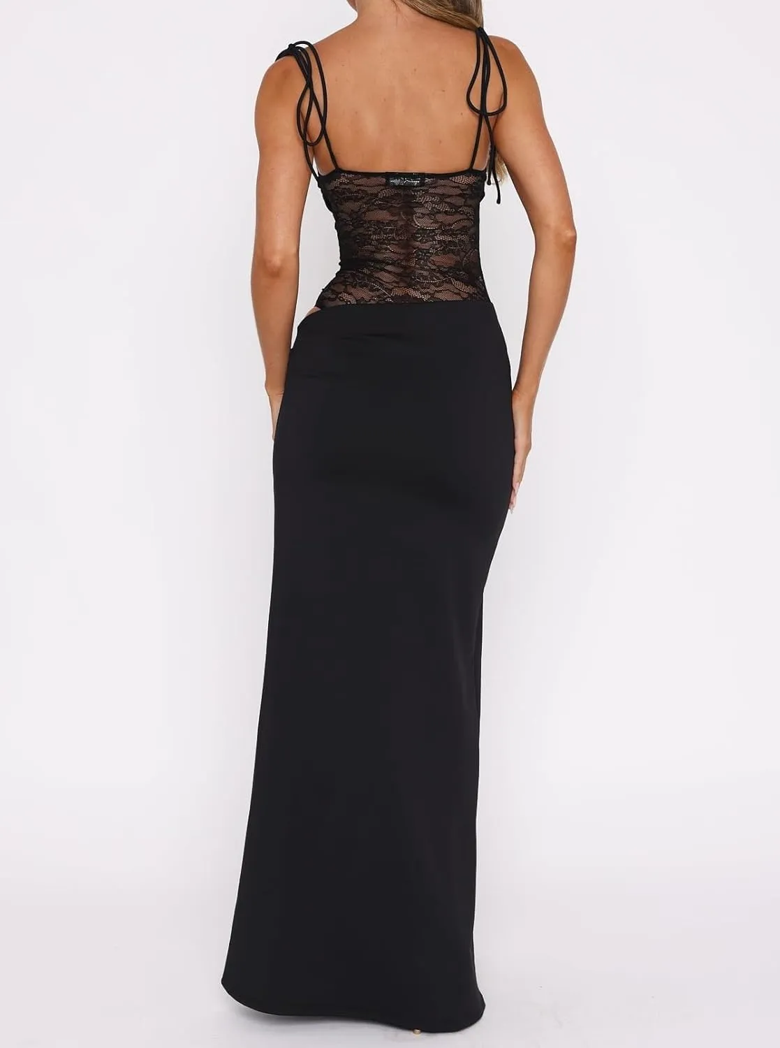 Women Lace Patchwork Maxi Dress Spaghetti Strap Bodycon Cocktail Dress Elegant Cutout Ruched Long Evening Dresses