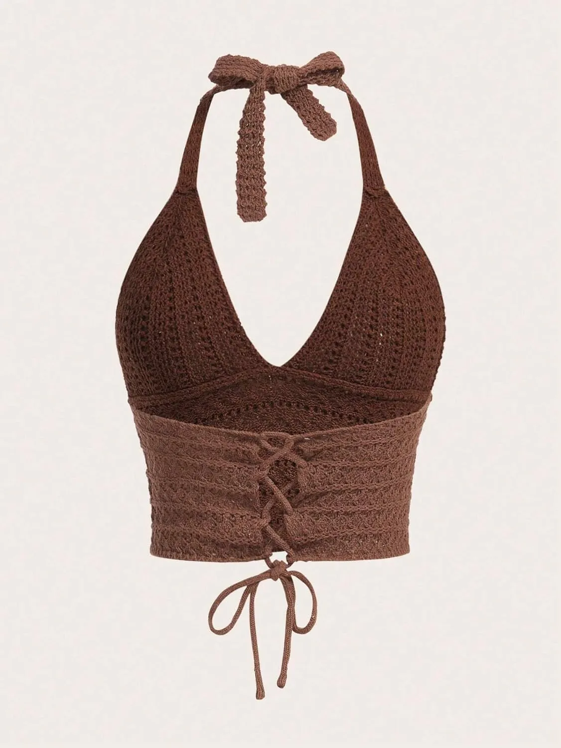 Women Lace Up Backless Crochet Crop Halter Top Y2k Slim Fit Sleeveless V Neck Self Tie Back Knit Crop Cami Top