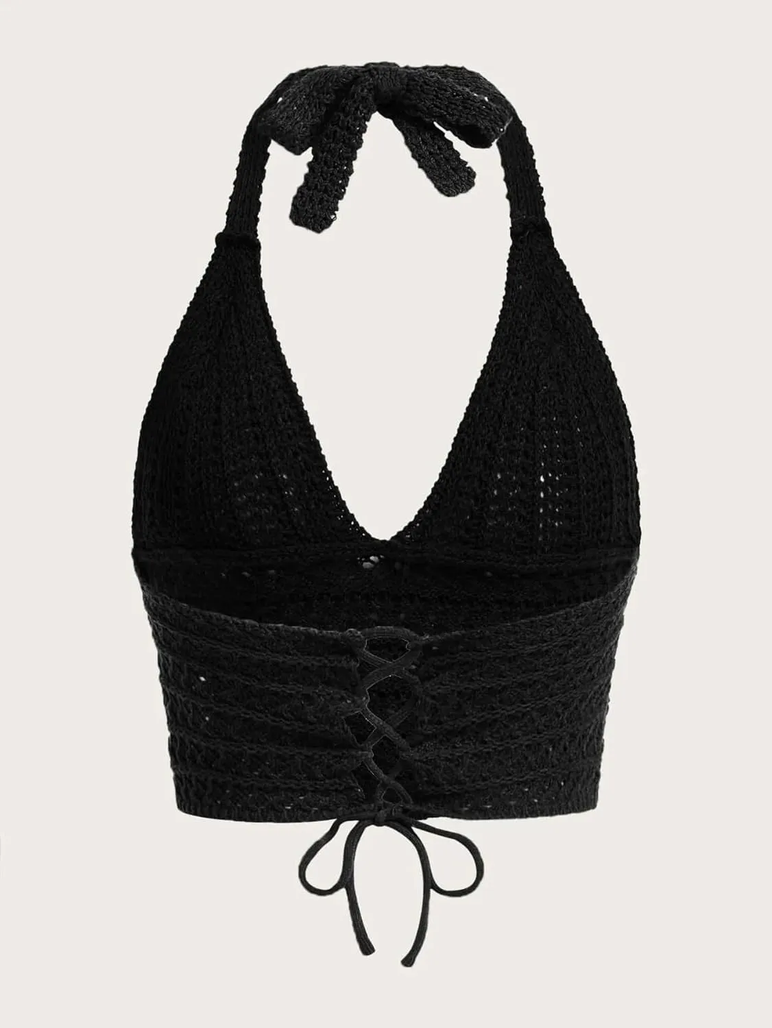Women Lace Up Backless Crochet Crop Halter Top Y2k Slim Fit Sleeveless V Neck Self Tie Back Knit Crop Cami Top