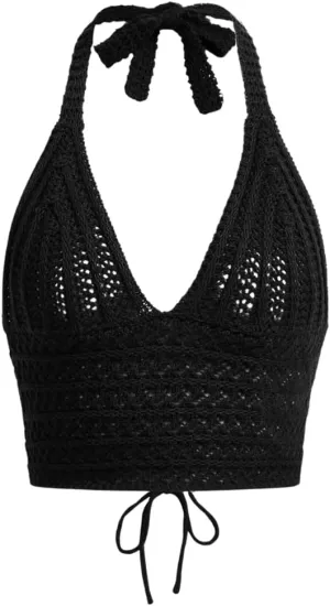 Women Lace Up Backless Crochet Crop Halter Top Y2k Slim Fit Sleeveless V Neck Self Tie Back Knit Crop Cami Top