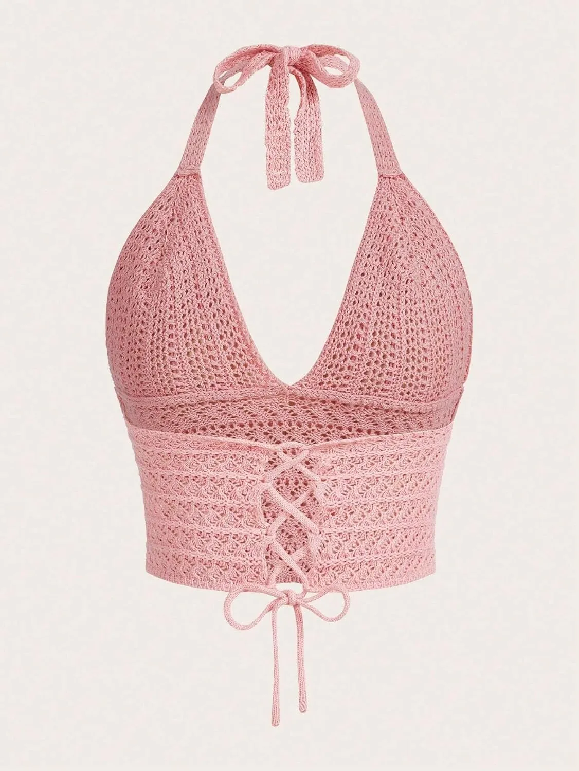 Women Lace Up Backless Crochet Crop Halter Top Y2k Slim Fit Sleeveless V Neck Self Tie Back Knit Crop Cami Top