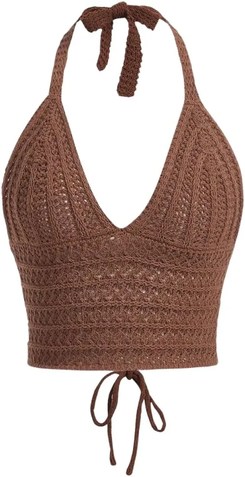 Women Lace Up Backless Crochet Crop Halter Top Y2k Slim Fit Sleeveless V Neck Self Tie Back Knit Crop Cami Top