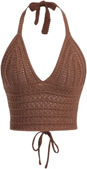 Women Lace Up Backless Crochet Crop Halter Top Y2k Slim Fit Sleeveless V Neck Self Tie Back Knit Crop Cami Top