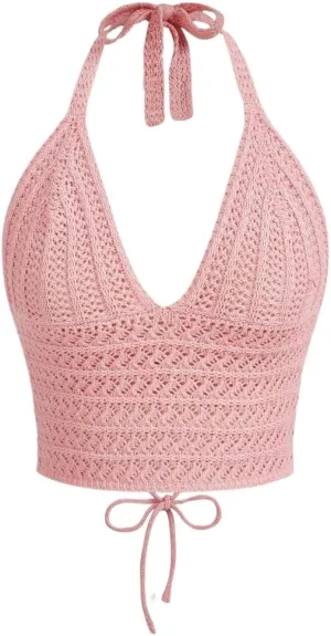 Women Lace Up Backless Crochet Crop Halter Top Y2k Slim Fit Sleeveless V Neck Self Tie Back Knit Crop Cami Top
