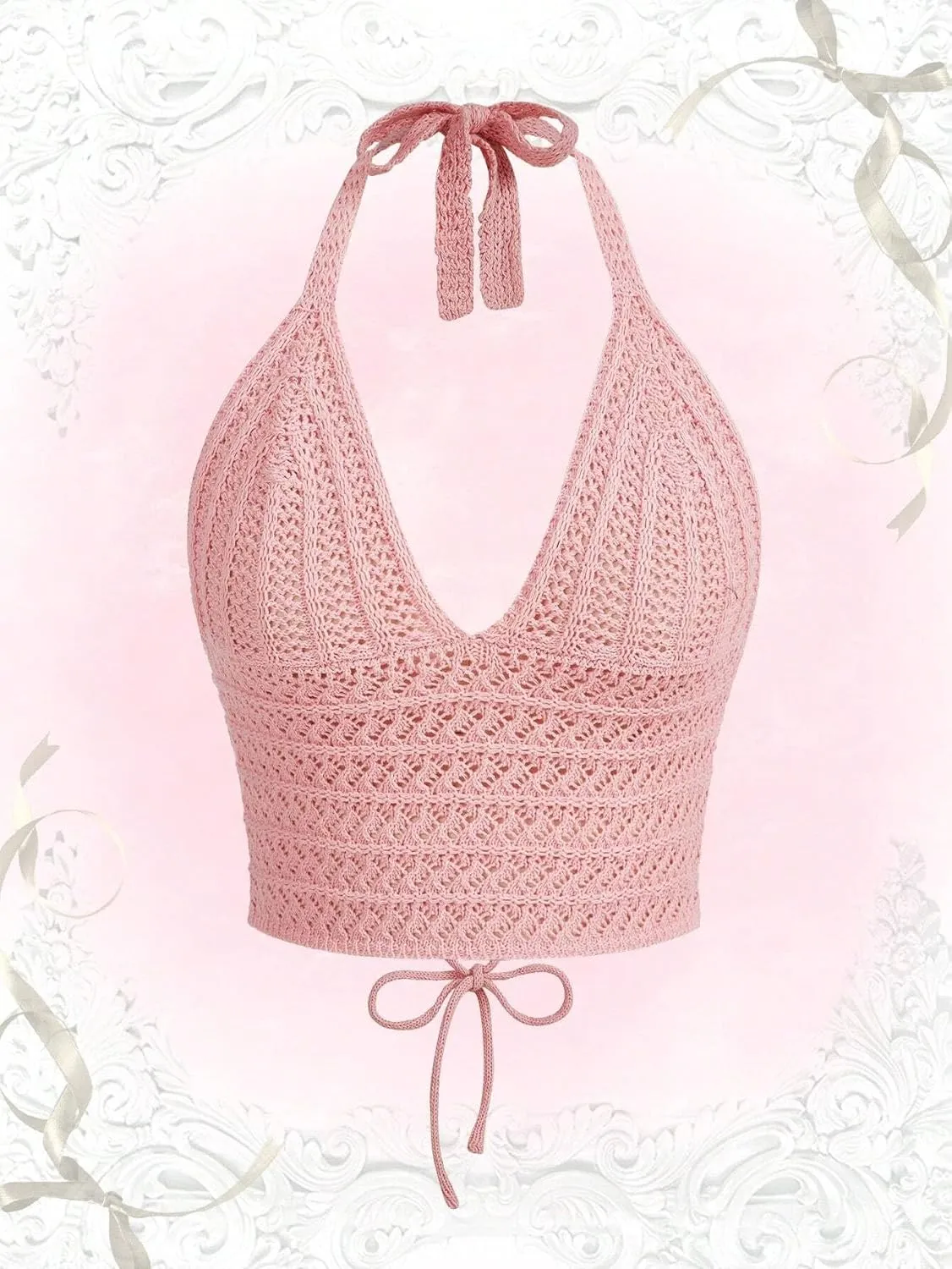 Women Lace Up Backless Crochet Crop Halter Top Y2k Slim Fit Sleeveless V Neck Self Tie Back Knit Crop Cami Top