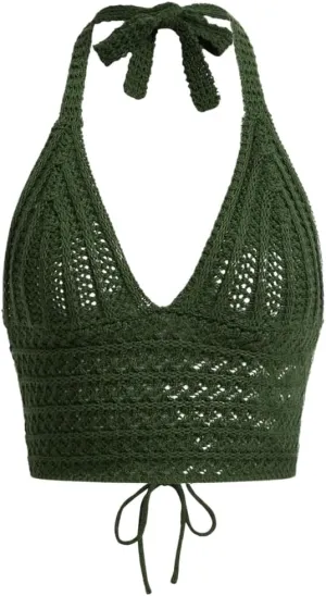 Women Lace Up Backless Crochet Crop Halter Top Y2k Slim Fit Sleeveless V Neck Self Tie Back Knit Crop Cami Top