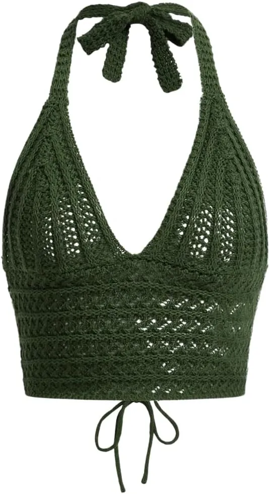 Women Lace Up Backless Crochet Crop Halter Top Y2k Slim Fit Sleeveless V Neck Self Tie Back Knit Crop Cami Top