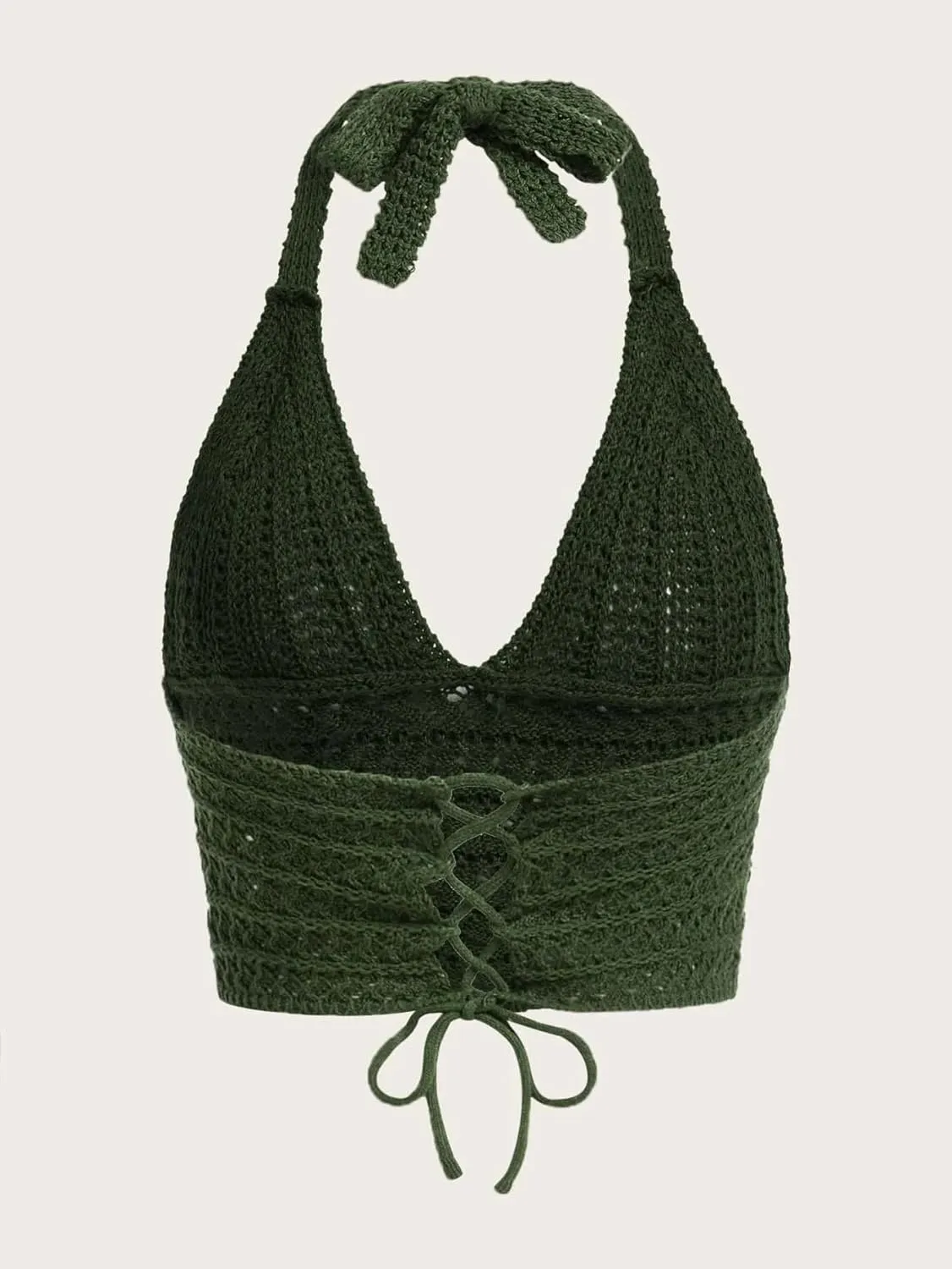 Women Lace Up Backless Crochet Crop Halter Top Y2k Slim Fit Sleeveless V Neck Self Tie Back Knit Crop Cami Top