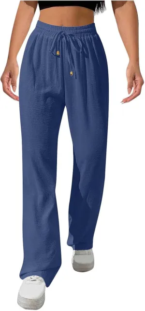 Women Linen Pants 2025 Summer Casual Loose Wide Leg Palazzo Pants Drawstring High Waist Beach Trousers with Pockets