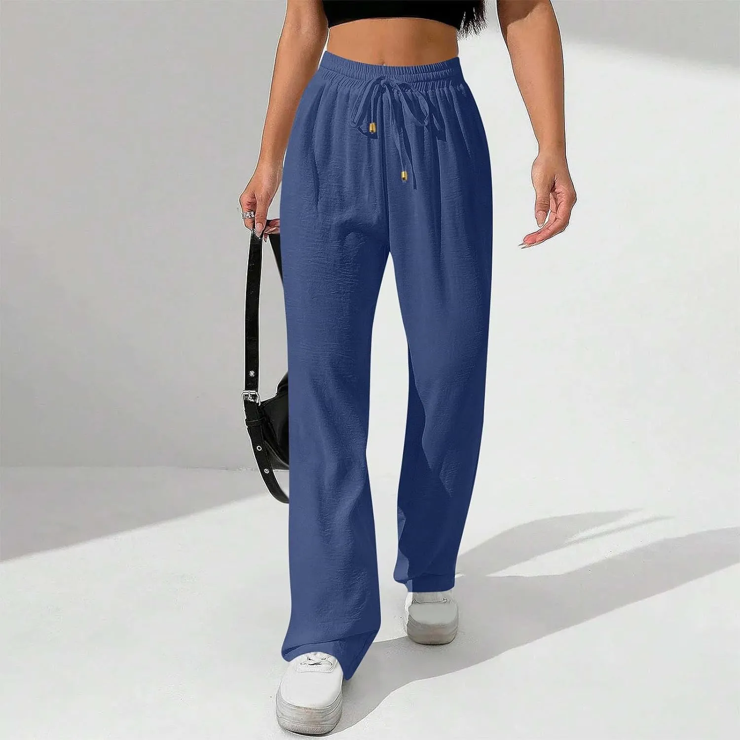 Women Linen Pants 2025 Summer Casual Loose Wide Leg Palazzo Pants Drawstring High Waist Beach Trousers with Pockets