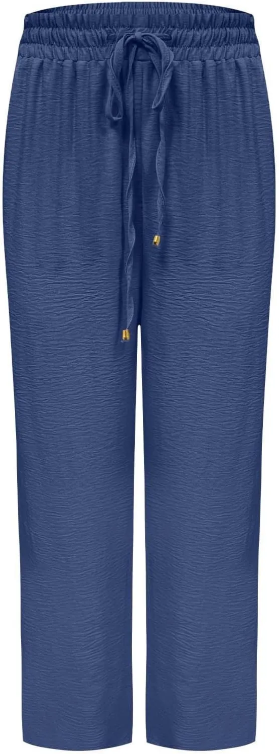 Women Linen Pants 2025 Summer Casual Loose Wide Leg Palazzo Pants Drawstring High Waist Beach Trousers with Pockets