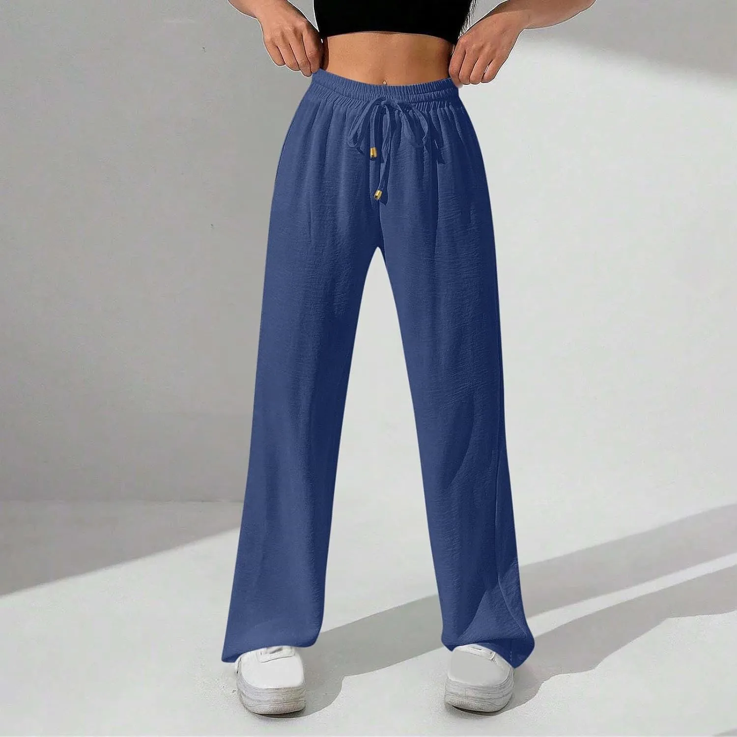 Women Linen Pants 2025 Summer Casual Loose Wide Leg Palazzo Pants Drawstring High Waist Beach Trousers with Pockets