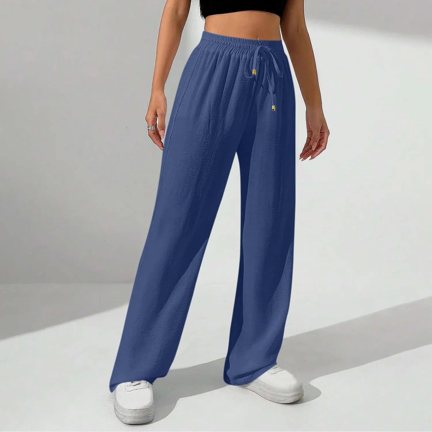 Women Linen Pants 2025 Summer Casual Loose Wide Leg Palazzo Pants Drawstring High Waist Beach Trousers with Pockets