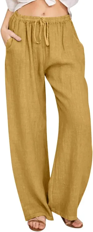 Women Linen Pants Casual Baggy Wide Leg Palazzo Pants Cotton Linen Lounge Beach Vacation Summer Trousers with Pockets