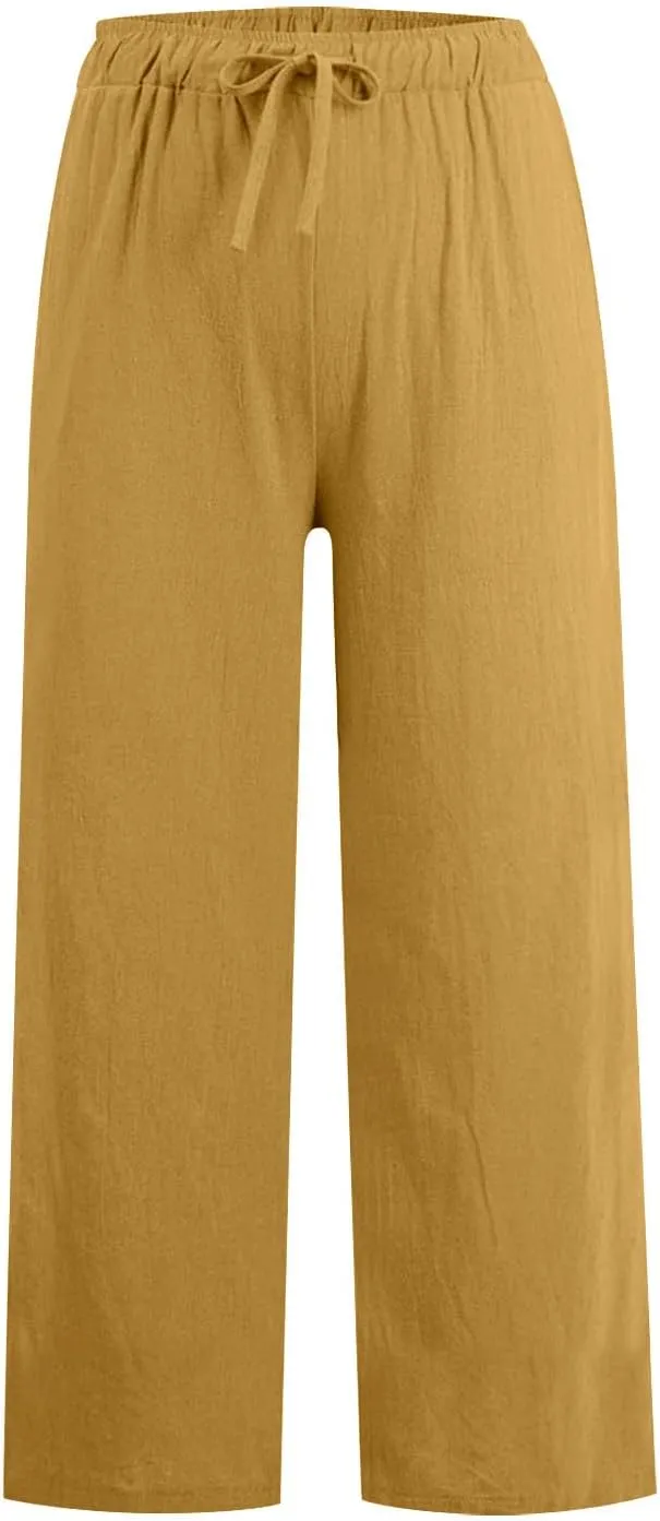 Women Linen Pants Casual Baggy Wide Leg Palazzo Pants Cotton Linen Lounge Beach Vacation Summer Trousers with Pockets