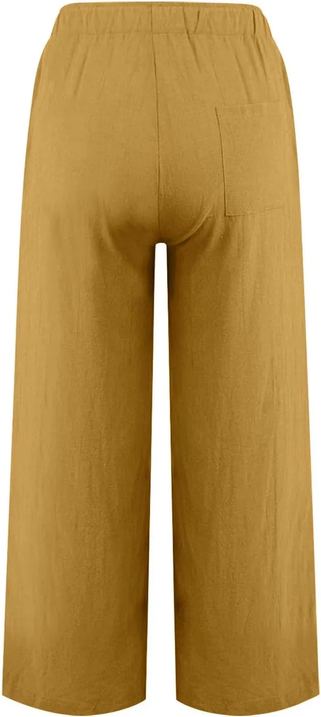Women Linen Pants Casual Baggy Wide Leg Palazzo Pants Cotton Linen Lounge Beach Vacation Summer Trousers with Pockets