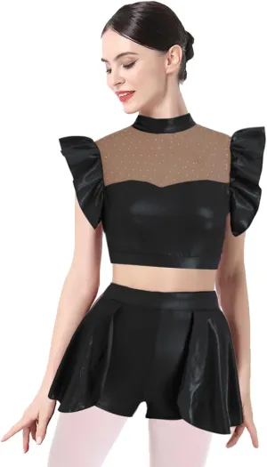 Women Metallic Dance Dress Ruffle Sleeve Crop Top Mini Dance Short Half Skirt Adult Ballerina Lyrical Dance Costume