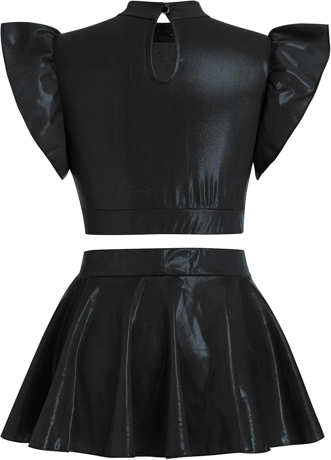 Women Metallic Dance Dress Ruffle Sleeve Crop Top Mini Dance Short Half Skirt Adult Ballerina Lyrical Dance Costume