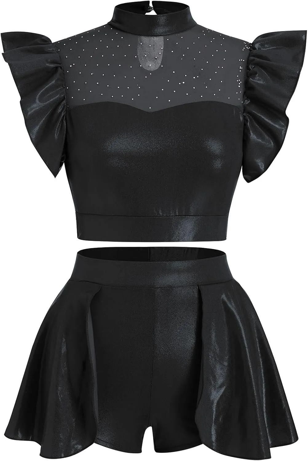 Women Metallic Dance Dress Ruffle Sleeve Crop Top Mini Dance Short Half Skirt Adult Ballerina Lyrical Dance Costume