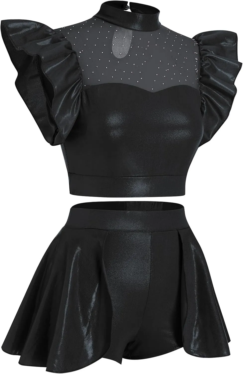 Women Metallic Dance Dress Ruffle Sleeve Crop Top Mini Dance Short Half Skirt Adult Ballerina Lyrical Dance Costume