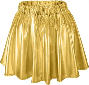 Women Metallic Skirts Shiny Flared Metallic Holographic Pleated Mini Skater Skirt High Waist Costome Pleated Skirt